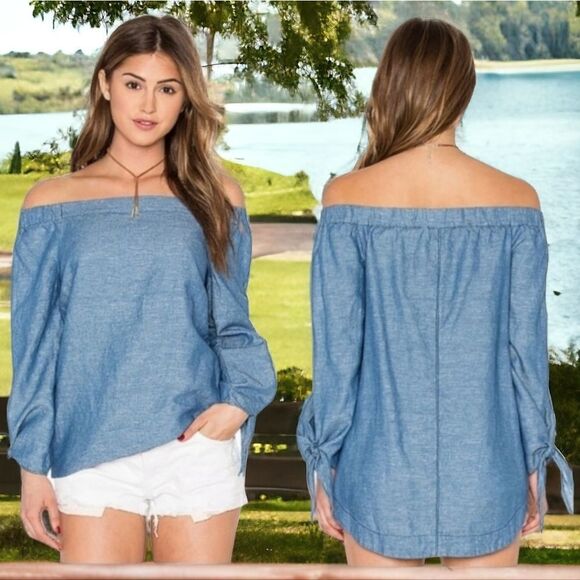 Free People Blue Linen Bow Sleeve Off the Shoulder Chambray Blouse Casual Top - Picture 1 of 8